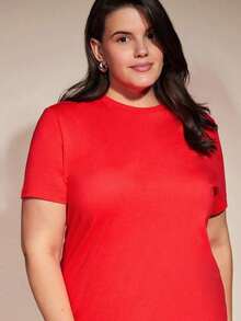 BASICS Vestido De Camiseta Sólida De Manga Corta Para Tallas Grandes - Rojo - Ver 6
