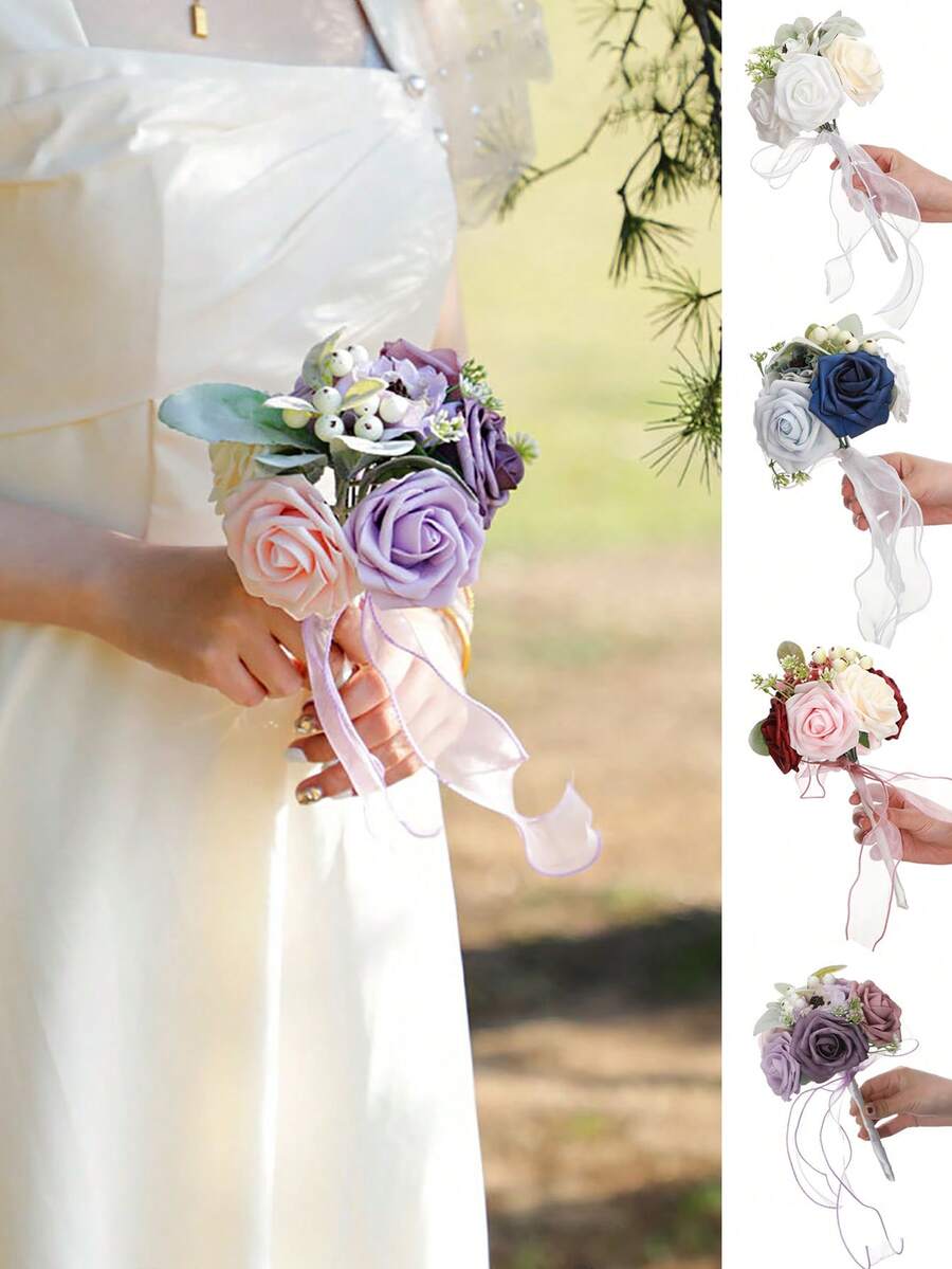 人造玫瑰花抛掷花束，适用于伴娘、莲子、婚礼仪式、周年纪念、订婚派对、教堂婚礼、伴娘手持花艺道具 - 彩色 - 查看 1