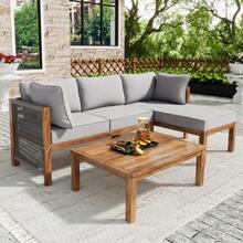 Garden Lounger Set (3 Pieces), Acacia Wood Frame, Grey Rope Armrests, L-Shaped Garden Furniture Set With Adjustable Legs, 2 Two-Seater Armchairs And 1 Table (Previous Reference: HW24015AAA) - 灰色 - 查看 12