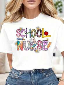 Women's Casual T-Shirt With School Nurse Print, Soft And Comfortable, Gift For Nurses Day, Back To School, Teacher Appreciation - 白色 - 查看 5