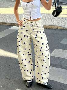 Women's Fashion Polka Dot Wide Leg Jeans, Loose Barrel Pants At The Mid-Waist, Aesthetic And Casual Y2k Jeans, Suitable For Everyday Street Wear - 藍色 - 查看 4