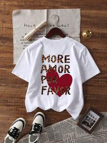 1 chiếc áo thun ngắn tay nữ kiểu dáng mùa hè, họa tiết da báo Mỹ, in hình trái tim "MORE AMOR POR FAVOR", kiểu dáng phù hợp cho đi biển, công sở, dã ngoại, mặc hàng ngày, hẹn hò, tiệc tùng, tụ họp, phong cách đường phố thường ngày. - trắng - Xem 5