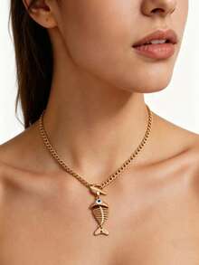 1PC Fishbone Pendant Toggle Choker Necklace, Bold Cuban Chain Statement Necklace - 1PC - View 2