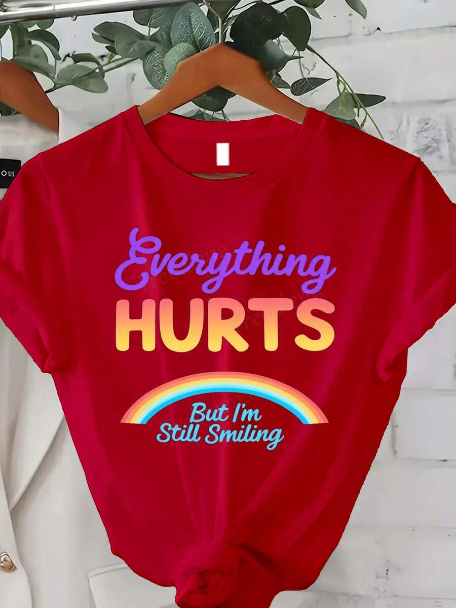 Limited Edition Size, [Trebalena Print T-Shirt] Comfortable Loose-Fitting Women's T-Shirt With Print Although My Body Hurts, I Still Smile Funny T-Shirt For Women - Modern And Colorful Casual Wear And Gift% Lightweight Cotton Short Sleeve With Round Neck, Modern Top For Everyday Wear, Summer. - 白色 - 查看 1