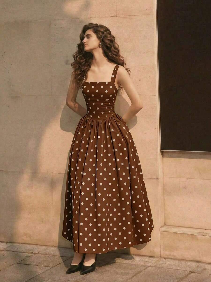 Women's Casual And Elegant Sleeveless Square Neck Dress With Black And White Polka Dots, Fitted Silhouette, Suitable For Work Or Dates, A-Line Long Skirt, Appropriate For Summer And Spring, Elegant Party Dress, Outerwear, Vacation Dress, Polka Dot Dress - 棕色 - 查看 1
