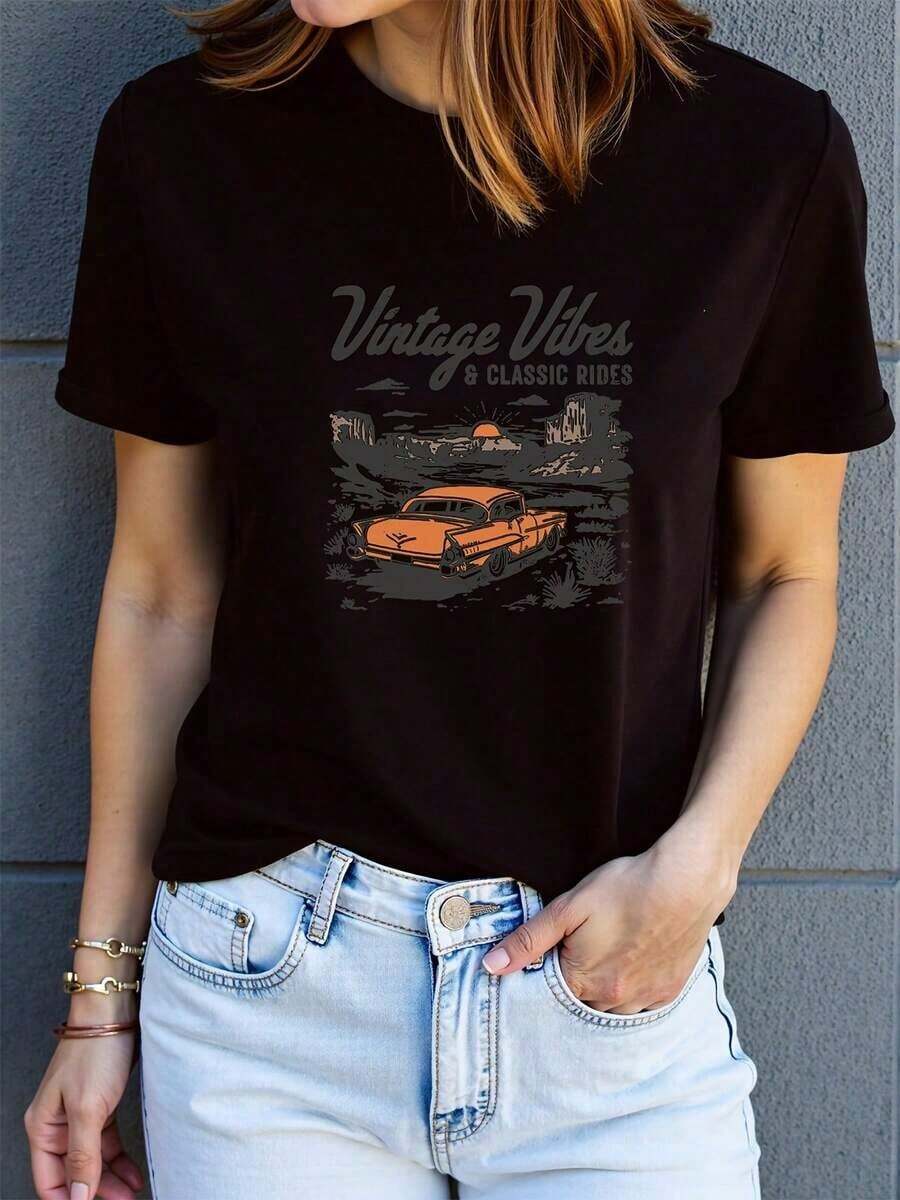 Women's Casual Crew Neck Sports T-Shirt With Classic Car Print And Retro Style - Short Sleeve T-Shirt, Fashion Y2K, Comfortable For All Seasons, Machine Washable, Garment Made Of High-Quality Fabric - 黑色 - 查看 1