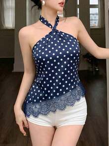 abyoxi Blusa corta de verano para mujer, de color azul marino con lunares, cuello halter con lazo, con encaje en el bajo asimétrico, ideal para vacaciones en la playa, salidas diarias, citas, fiestas de cumpleaños, primavera y verano - Albaricoque - Ver 9