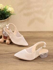 Girls' White Mesh Low Heel Sandals, Crystal Heel Buckle Closed Toe Shoes, Breathable Princess Style Party Performance Shoes, Suitable For Daily Wear And Formal Events - Beige - View 3