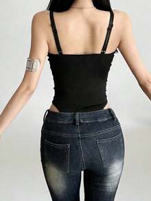 Body ajustado de unicolor con escote en V sexy y parches de malla - Negro - Ver 6