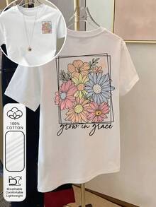 大码女式100%纯棉印花圆领短袖优雅休闲T恤，适合春夏穿着，白色 - 白色 - 查看 6