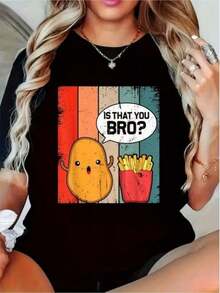Camiseta estampada para mujer, top casual de manga corta, con un divertido diseño de "Eres mi hermano", adecuada para salidas diarias y vacaciones. - Negro - Ver 1