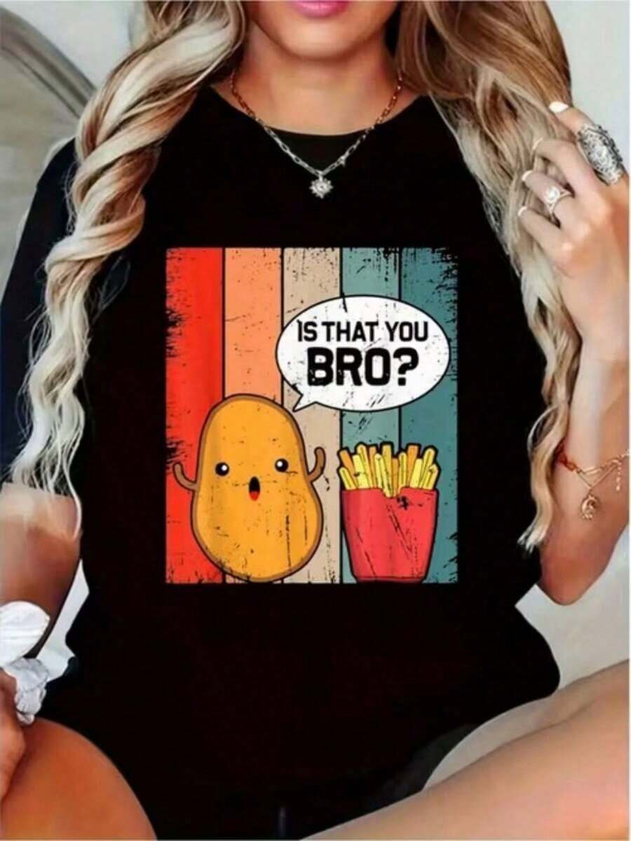 Camiseta estampada para mujer, top casual de manga corta, con un divertido diseño de "Eres mi hermano", adecuada para salidas diarias y vacaciones. - Negro - Ver 1