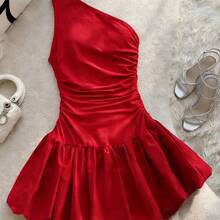 guang zhou mi qian shang mao Vestido corto sin mangas con hombro asimétrico elegante para mujer DEAR MOLLY, adecuado para usar como vestido de noche, apropiado para salidas, fiestas, citas, regalo del Día de San Valentín, atuendo de Año Nuevo Primavera Rojo - Rosa - Ver 3