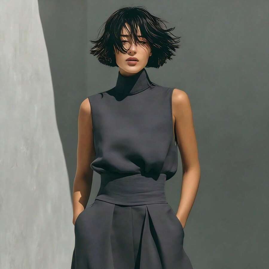 Conjunto Primavera Blusa Sin Mangas Mezcla Algodón Lino Sólida Elegante para Mujer + Pantalones Anchos - Negro - Ver 1
