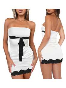 Womens Tube Top Dress Strapless Sleeveless Lace Patchwork Side Split Bodycon Mini Dress - White - View 3