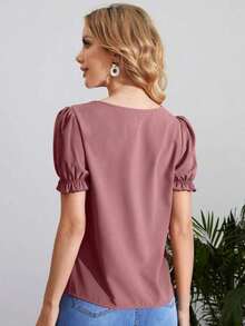 Blusa con cuello de ojal y manga abullonada, blusas de manga corta - Rosa - Ver 2