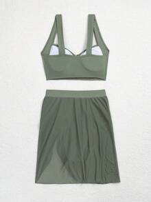 jeederkim New Summer Women Bikini Top With Metal Decor, Matching Sheer Mini Skirt, Suitable For Beach Wear Vacation - Army Green - View 7