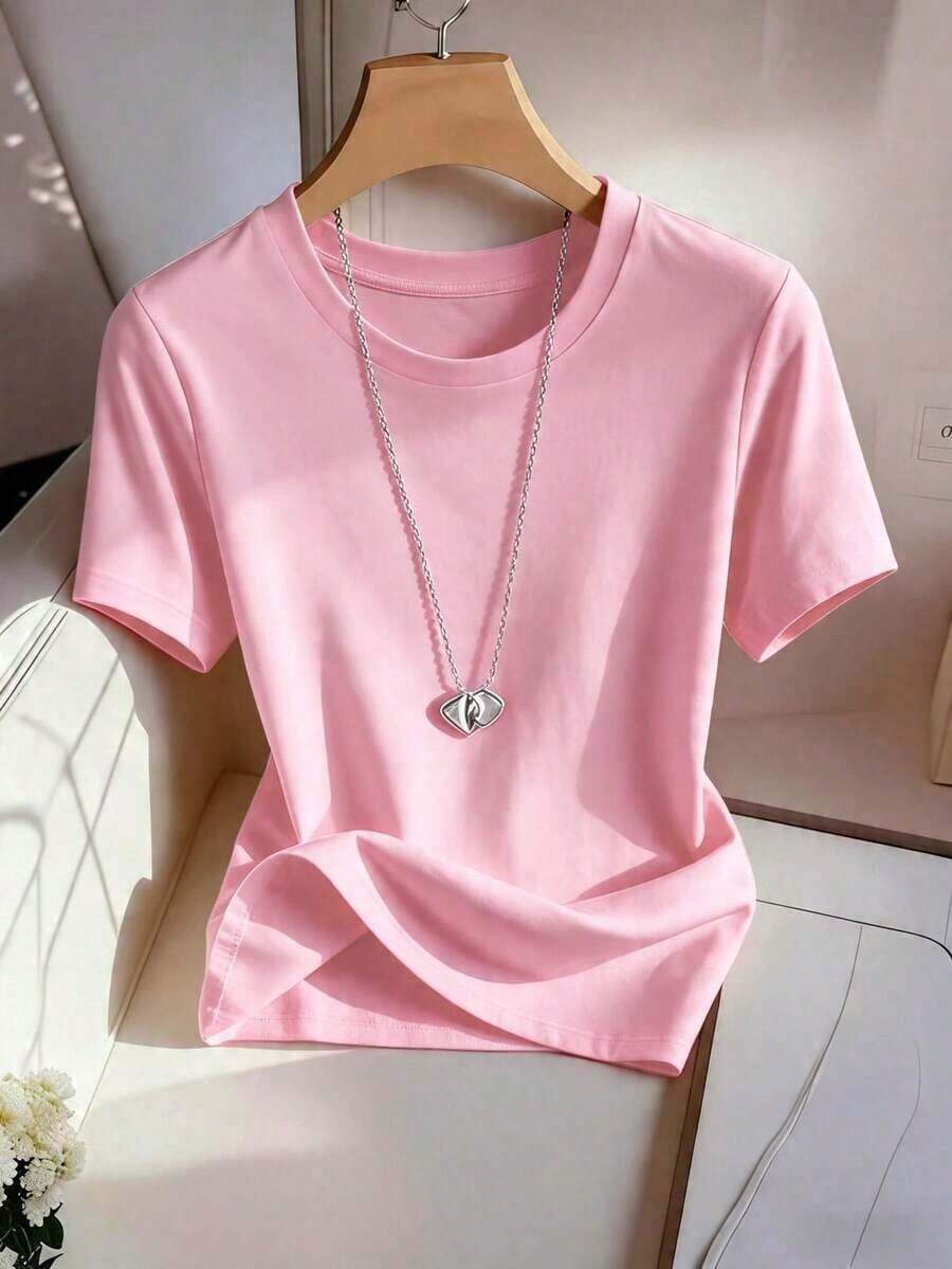 Camiseta de mujer casual de unicolor con cuello redondo y manga corta - Rosa Pálido 2 - Ver 1