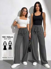 PETITE Pantalones anchos largos para mujeres, en unicolor, cintura alta con cinturón para un estilo suelto - Gris Oscuro - Ver 7