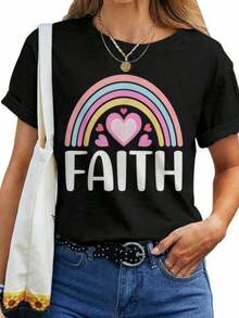 Camiseta Boho Arcoíris Faith para Mujer con Frases Religiosas 'Believe Faith'. Camiseta casual para mujeres. - Negro - Ver 7