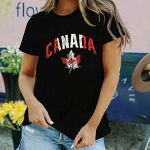 Women's Casual Cotton T-Shirt With Canadian Flag And Heart Print, Short Sleeve, Round Neck, Drop Shoulder, Cute Summer Garment With Slightly Stretchy Fabric - 黑色 2 - 查看 3