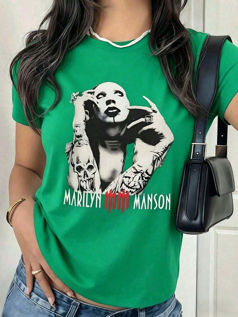 Gothic Grunge T-Shirt With Marilyn Manson Merchandise, Black Short-Sleeved T-Shirt With Vintage Rock Aesthetic And E-GirlPure-Cotton T-Shirt - 綠色 - 查看 1
