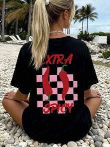 Camiseta de verano 2026, Blusa casual de manga corta con cuello redondo y estampado de viento de playa de chile para mujer, adecuada para primavera y verano, ropa de mujer, Verano 2026. - Multicolor - Ver 3