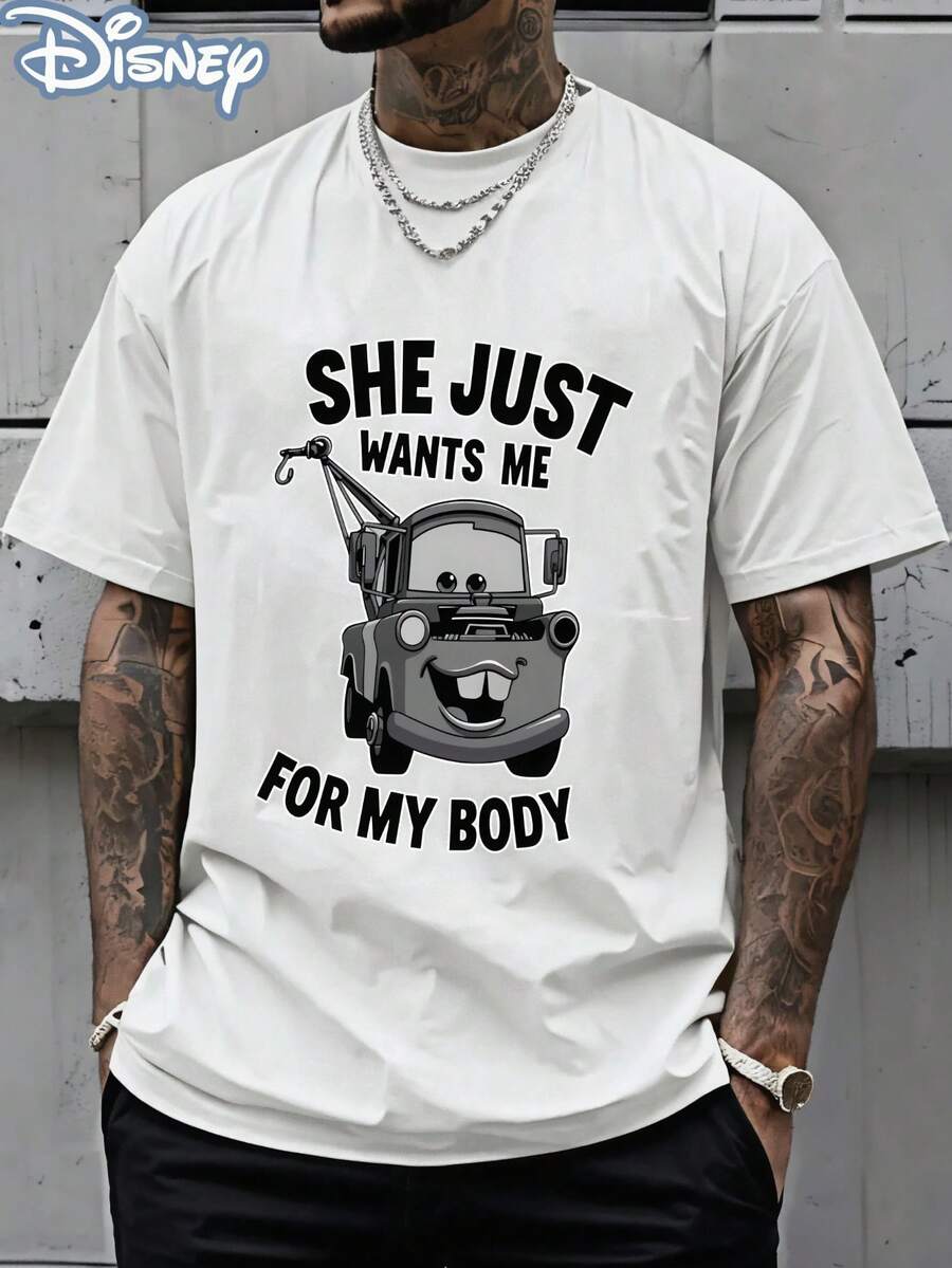 Disney Cars Tow Mater Graphic T-Shirt, 100% Cotton White Crew Neck Tee, Funny "She Just Wants Me For My Body" Casual Short Sleeve Top - trắng - Xem 1