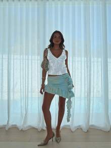 Women Sequin Tank Tops Slim Sparkly Deep V Neck Sleeveless Open Back Crop Vest Casual Summer Streetwear - Blanco - Ver 3
