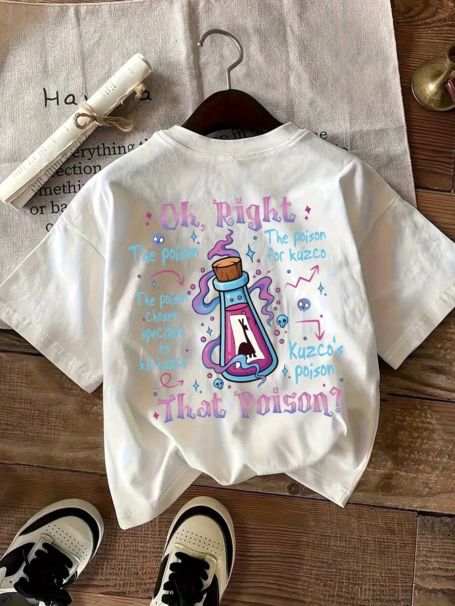 Camiseta deportiva casual para mujer con temática de "Poison" en estilo retro de los 90 - Con estampado del patrón de la poción de Kuzco y la letra de la canción "Poison", camiseta casual de manga corta y cuello redondo, adecuada para entusiastas de la cultura pop (camiseta con letras icónicas) 100% Algodón - Blanco - Ver 1
