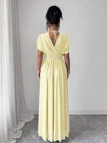 Elenzya Vestido maxi de mujer con tela de malla elástica con forro elástico, fruncido, pliegues en la cintura, cintura ajustable, silueta evasé, hombros caídos, mangas cortas, lazo en la espalda, hombros antideslizantes, longitud maxi, color rojo angora, estilo vintage francés elegante, adecuado para ir a la oficina, de viaje, casual, minimalista, versátil, para tomar el té de la tarde, fiestas, nueva llegada primavera/verano, vestidos envolventes para damas, vestidos talla grande vendidos, vestidos formales para mujer, vestidos elegantes clásicos para bodas y eventos - Marrón - Ver 10