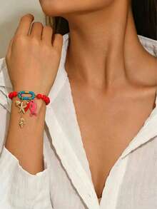 1pc Elegant Fashion Vacation Style Colorful Beaded Alloy Seashell Multi-Element Necklace & Bracelet Set, Suitable For Vacation Wear, Slimming And Elegant - Hot Pink - View 8