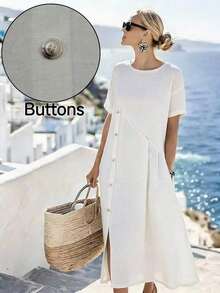 Vestido de vacaciones asimétrico con botones, de cuello redondo, de manga corta y de corte holgado, con aspecto de lino, para mujer, en color beige - Blanco - Ver 7