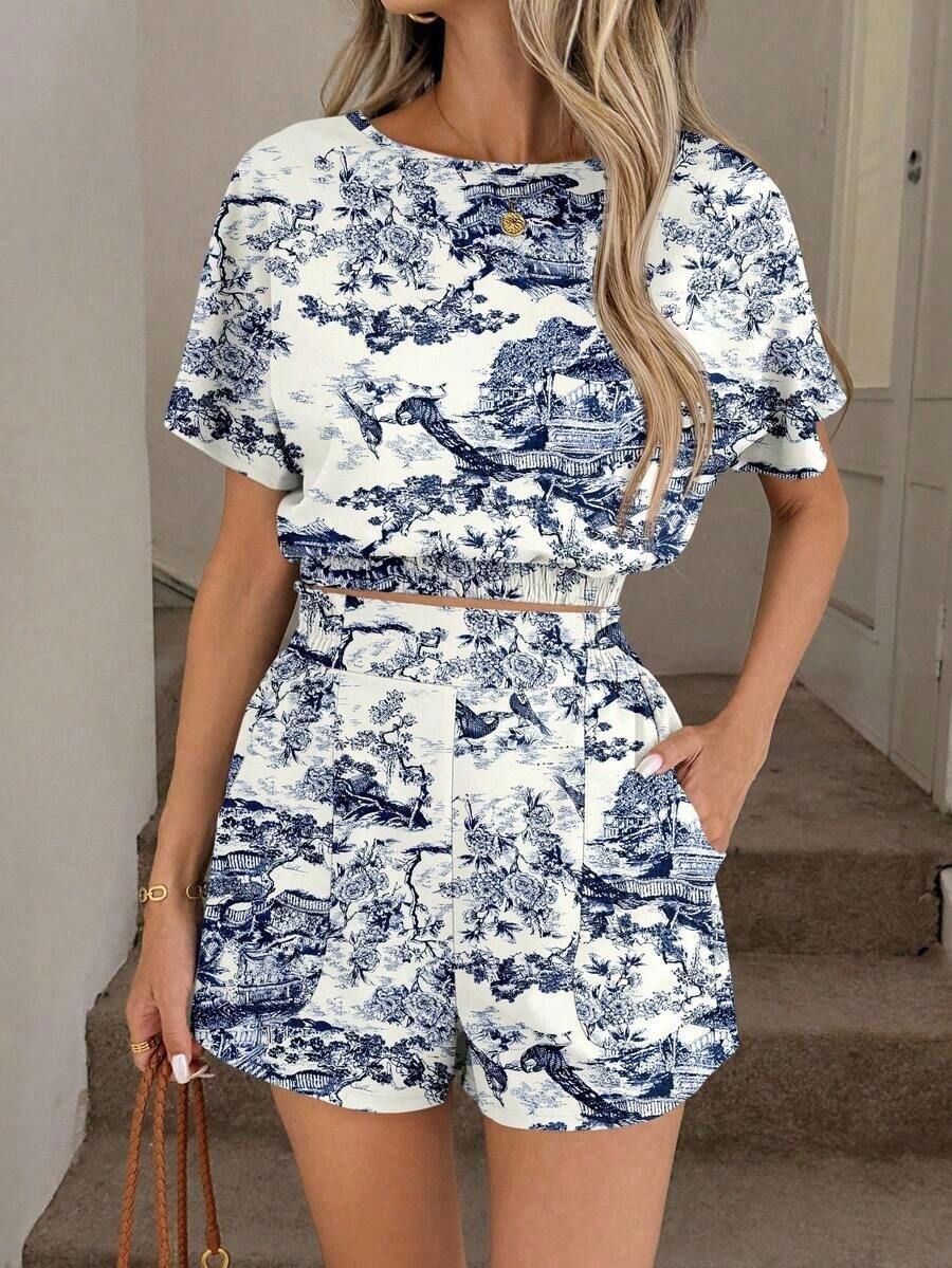 Set de 2 piezas de top corto y shorts con cintura ajustada, estampado geométrico abstracto de líneas, cómodo y casual para vacaciones y uso diario, primavera/verano - Multicolor 2 - Ver 1