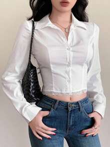 Camisa elegante de manga larga para mujer con pespunte de espina de pescado, empalme con adorno de encaje, ajuste ceñido, adecuada para uso en la oficina, primavera/verano - Blanco - Ver 10