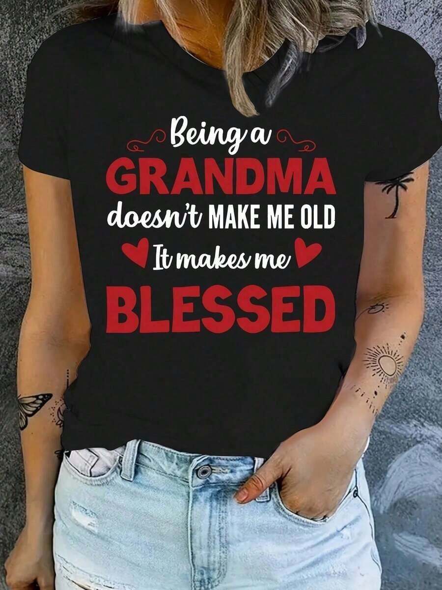 Camiseta de mujer con estampado único de letras "Es la abuela" - Camiseta cómoda de manga corta y cuello redondo, adecuada para uso diario y para combinaciones elegantes. - Negro - Ver 1