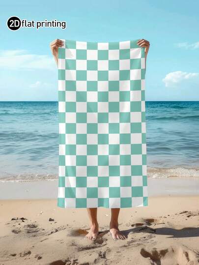 1 pieza Toalla de playa de estilo minimalista de verano con estampado de cuadros verdes, toalla de baño y playa grande, suave y absorbente con rayas, adecuada para viajes, vacaciones, deportes, baño, piscina y camping, toalla de viaje moderna y esencial con gran capacidad de absorción de agua