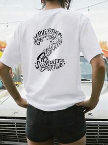Camiseta de Mujer, Camiseta Deportiva Casual de Manga Corta con Estampado Y2K, Delante y Detrás con Frases Cortas Manuscritas en Inglés.Cómodo Nuevo modelo 2026 Rendimiento de alto costo TNJ6 - Blanco - Ver 2