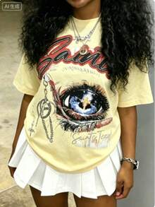 Tween Girl Cotton Clothes, Y2K-Inspired Letter Print T-Shirt, Casual Crew Neck Short Sleeve, Machine Washable, Perfect For Spring Summer Fall, Fashion Streetwear Unisex, Graphic Tee, Free Shipping - Màu vàng - Xem 5