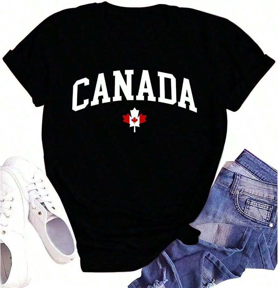New Women's Summer Casual T-Shirt, Cotton, With Canadian Flag And Heart Print, Short Sleeve, Round Neck, Drop Shoulder, Cute Summer T-Shirt With Slightly Stretchy Fabric - Vintage Urban Style, Unisex, Loose Fit, Cotton, Short Sleeve, Round Neck. - 黑色 5 - 查看 1