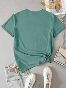 Camiseta Casual de Manga Corta con Cuello Redondo para Mujer con Bordado de Mantequilla, Harina y Azúcar - Verde - Ver 2