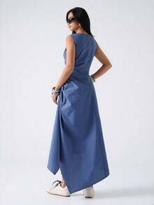 XHELYSMO 2026 Nuevo vestido casual de mujer minimalista de primavera con cuello redondo sin mangas, plisado, bajo asimétrico, de longitud media, adecuado para salidas, regreso a la escuela, graduación, uso casual en la calleXHE - Multicolor 2 - Ver 2