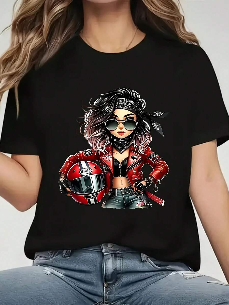 Camiseta Casual de  Estilo Motera con Casco y Chaqueta Roja, Estampado Gráfico para Amantes de las Motocicletas y las Modas - Negro - Ver 1
