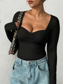 imisic Women's Long Sleeve V-Neck Fitted Bodysuit Dress, Flattering Hips And Abdomen, Basic Fitted Bodysuit Top - Black - View 7