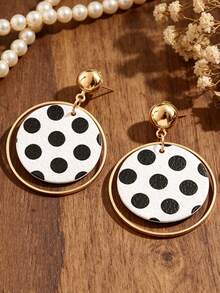 1 Pair Vintage Hong Kong Style Classic Black & White Polka Dot Metal Hoop Earrings, Elegant Versatile Ear Jewelry For Women - Polka Dots - View 5