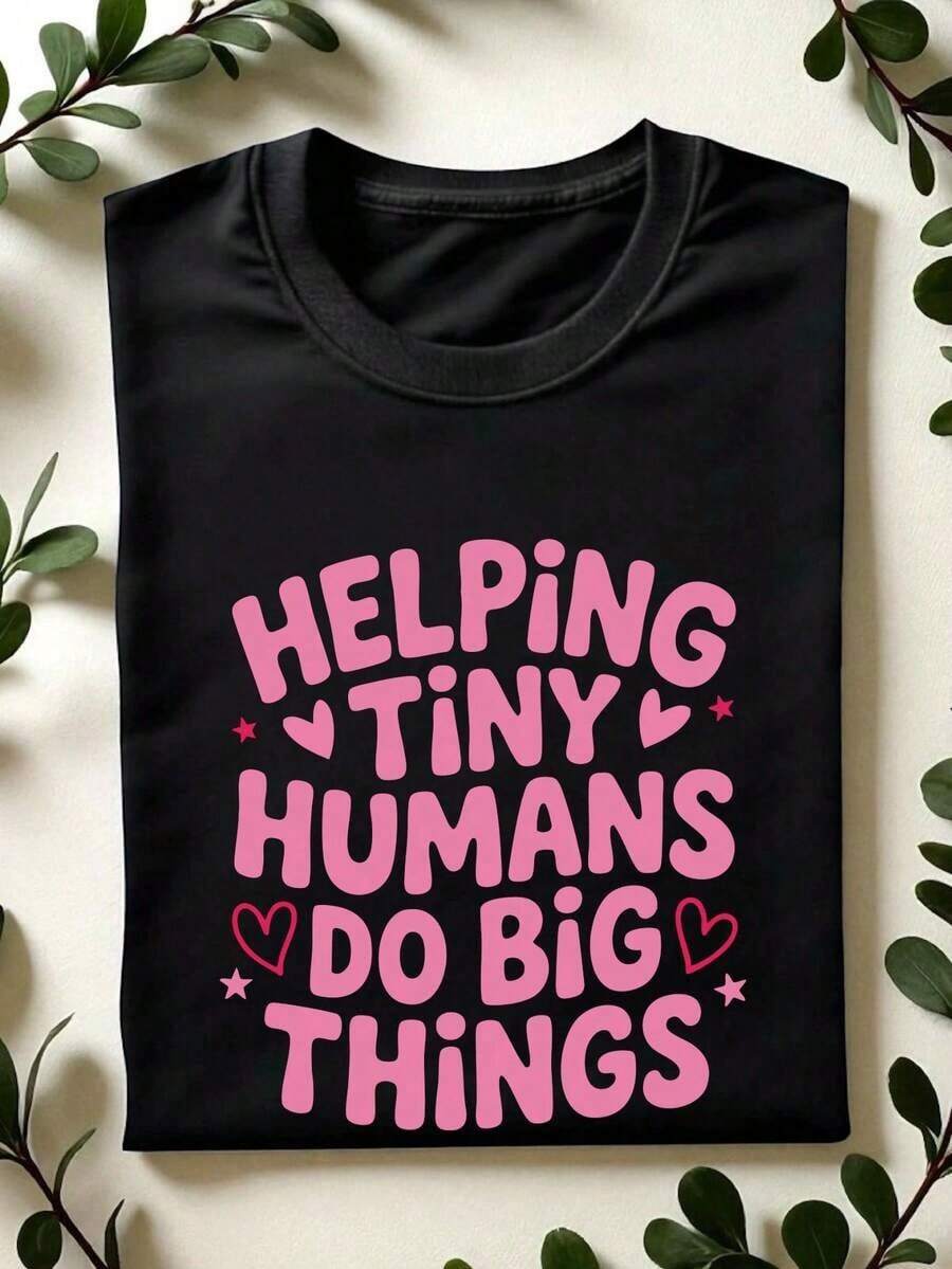 2026 New Products Of Great: Women's Round Neck Cotton T-Shirt, "Helping Little Humans Do Great Things" T-Shirt, Valentine's Day Gift For Teachers, Teacher T-Shirt, Matching Valentine's Day Sets For Teachers, Short Sleeve T-Shirt For Teachers, Gift For Preschool Teachers. - 黑色 - 查看 1