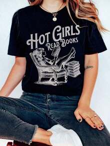 1 "Hot Girls Read Books" T-Shirt, Literary T-Shirt, Funny Booktok T-Shirt, For Book Lovers, Romance, Book Merchandise, Gift For Readers, Gift For Girlfriends. Casual And Stylish T-Shirts, Sportswear, 100% Cotton, Breathable And Comfortable, 210g, 100% Cotton, All Designs Are Printed. Unisex. - 黑色 - 查看 1