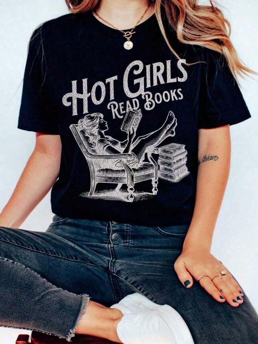 1 "Hot Girls Read Books" T-Shirt, Literary T-Shirt, Funny Booktok T-Shirt, For Book Lovers, Romance, Book Merchandise, Gift For Readers, Gift For Girlfriends. Casual And Stylish T-Shirts, Sportswear, 100% Cotton, Breathable And Comfortable, 210g, 100% Cotton, All Designs Are Printed. Unisex. - 黑色 - 查看 1