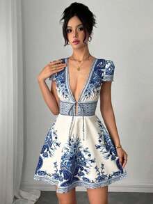 Vestido elegante con cuello en V y estampado floral con lazo - Azul - Ver 3