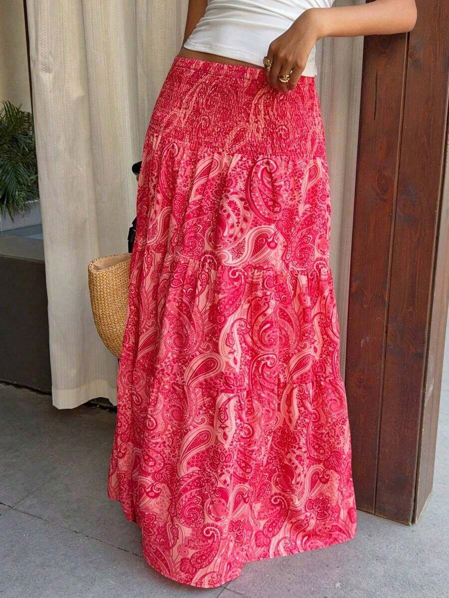 Women's Long Bohemian Print Skirt, Casual For Vacation And Everyday Wear, Spring/Summer - 紫紅色 - 查看 1